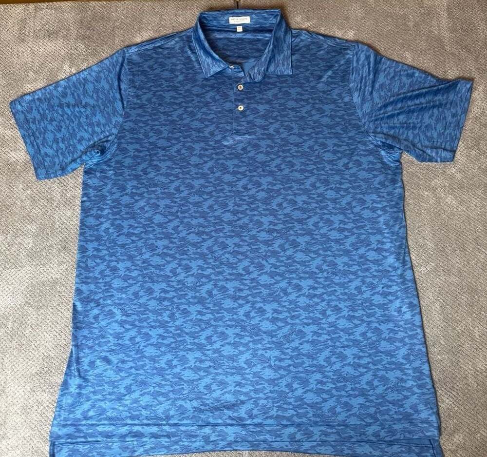 Peter Millar Summer Comfort Blue Fish Camo Print Golf Polo Shirt Men's XXL 1196
